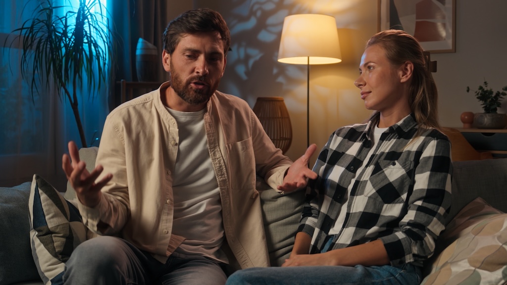 Angry couple Caucasian family woman man arguing night quarrel at home stressful guy girl husband wife conflict talk discuss relationship problem breakup divorce irritated conversation misunderstanding Angry family woman man arguing night quarrel at home stressful guy girl husband wife conflict talk discuss relationship problem breakup divorce irritated conversation misunderstanding.